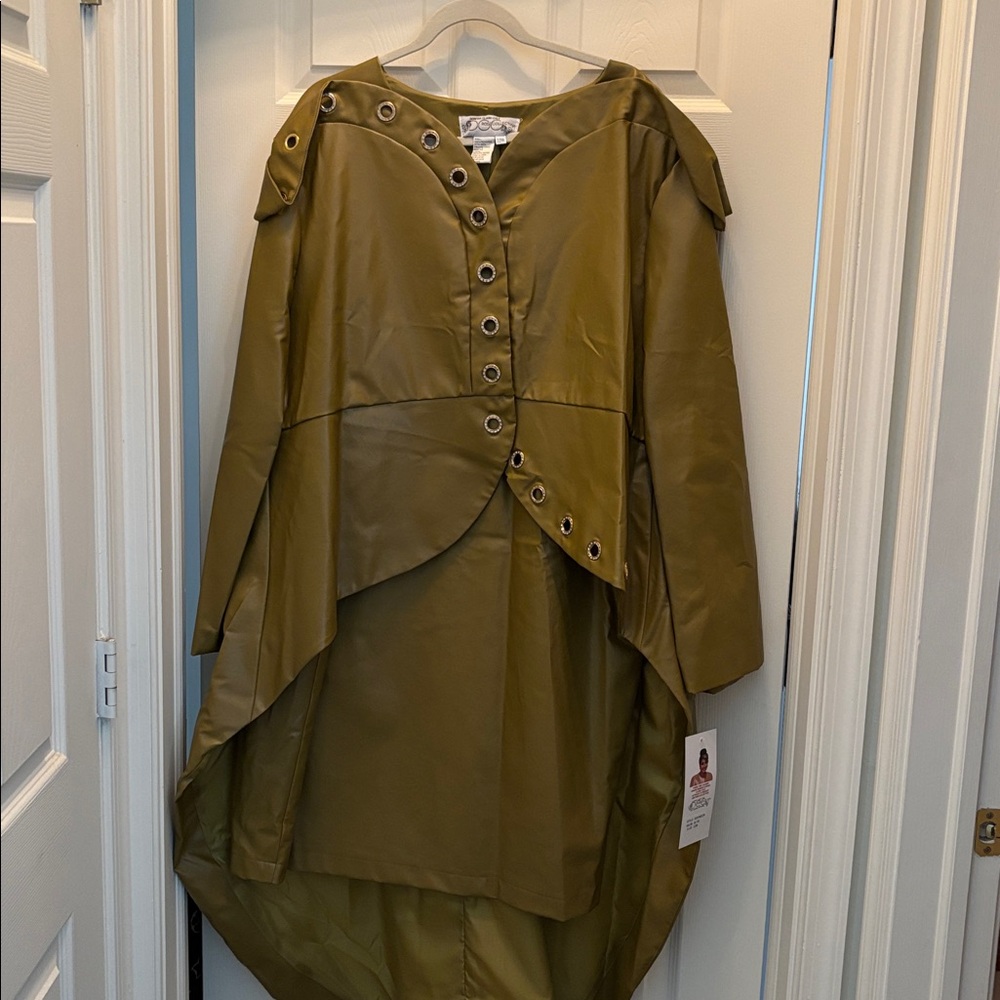 Olive Green Asymmetrical skirt set with a tail for a dramatic look.